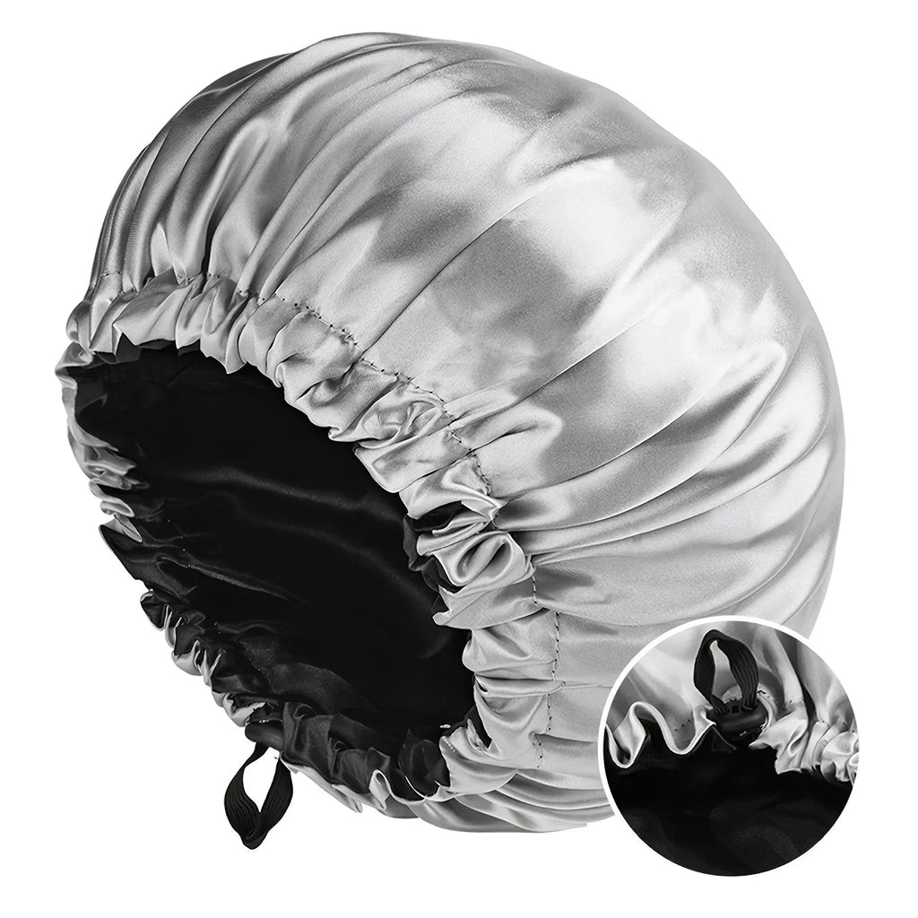 Silk women's fashion bonnet with double-layer design, adjustable buttons, and smooth fabric for comfortable sleep and daily wear.