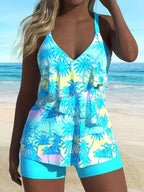 Women's fashionable printed strap swimsuit set by FitiqueFit featuring a stylish, casual swimwear design with vibrant print.