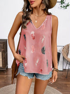 Women’s feather print V-neck camisole by FitiqueFit, casualwear top with lightweight fabric and stylish feather pattern.