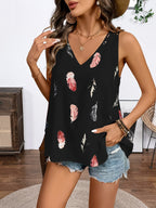 Women’s feather print V-neck camisole by FitiqueFit, casualwear top featuring lightweight fabric and stylish feather pattern.