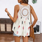 Women's feather print V-neck camisole from FitiqueFit, casualwear top with lightweight fabric and feminine design.