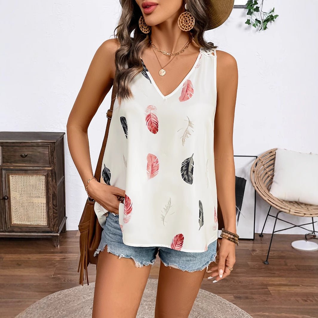 Women’s feather print V-neck camisole by FitiqueFit, casualwear top with lightweight fabric and stylish feather design.