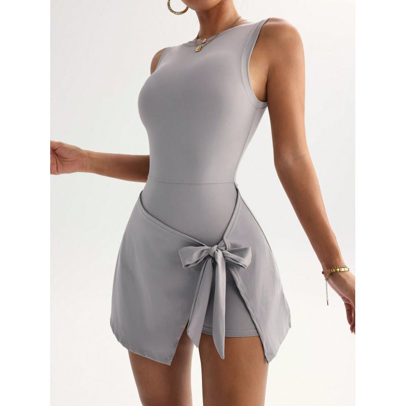 Women's sleeveless fitness yoga dress by FitiqueFit featuring a stylish back design, perfect for active casualwear and yoga sessions.