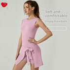 Women's sleeveless fitness yoga dress by FitiqueFit featuring a beauty-back design and active mini length for casual wear.