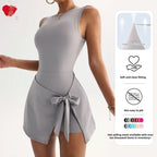 Women's sleeveless fitness yoga dress by FitiqueFit, casual active mini with a stylish back design and comfortable fit.