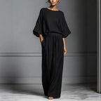 Women's flared-sleeve linen suit two-piece set by FitiqueFit, casualwear with relaxed fit and stylish flared sleeves.
