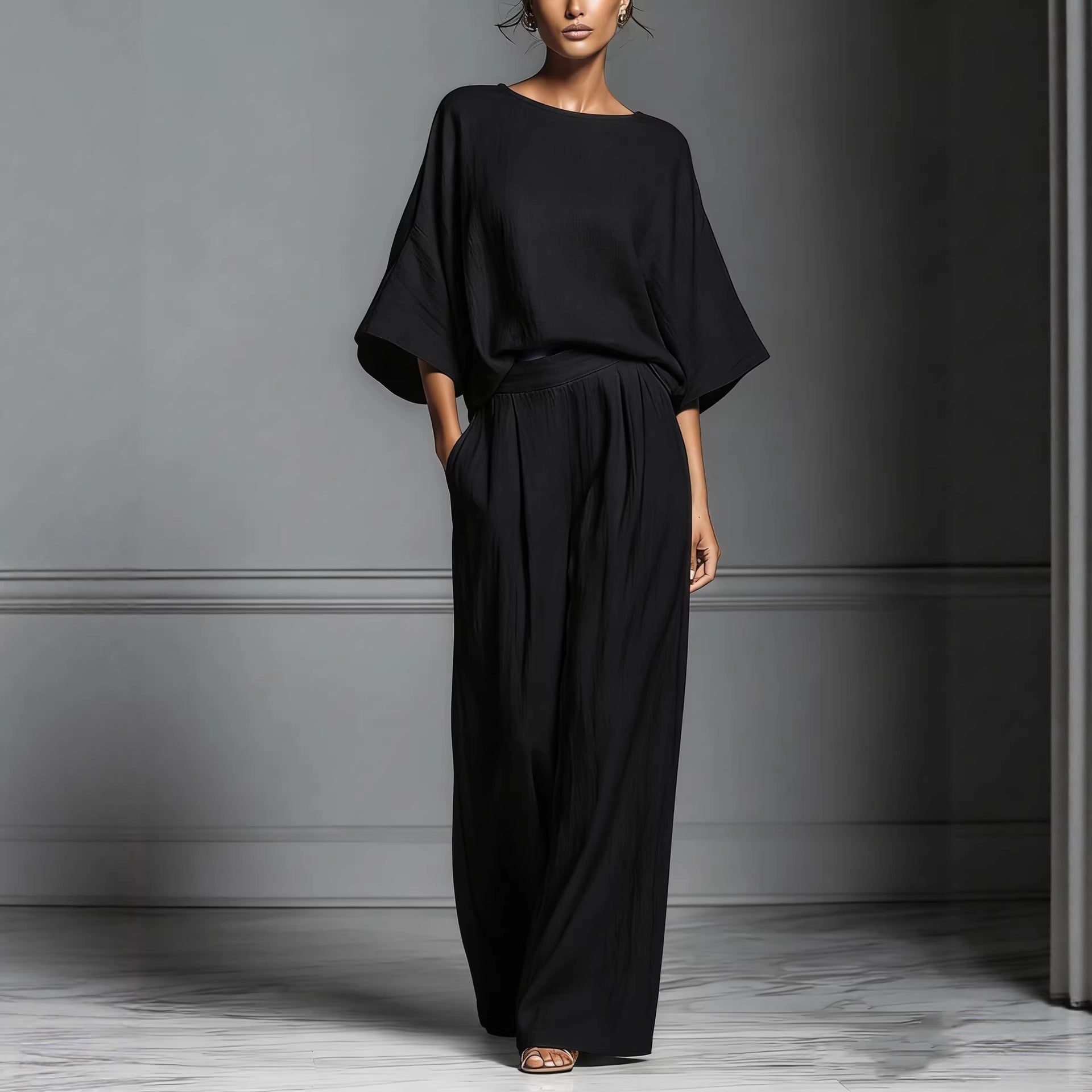 Women's flared-sleeve linen suit two-piece set by FitiqueFit, casualwear with relaxed fit and stylish flared sleeves.