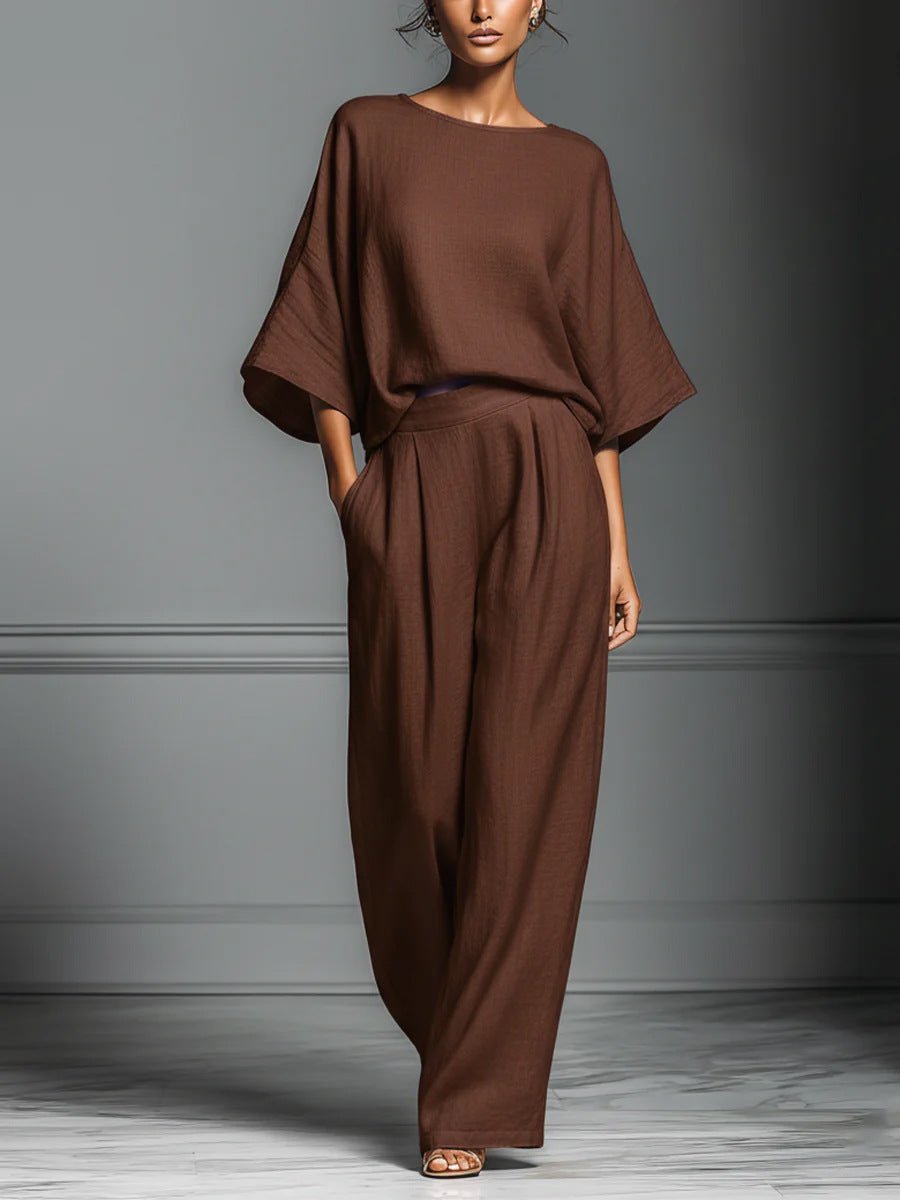 Women’s flared-sleeve linen suit two-piece set by FitiqueFit, casualwear with relaxed fit and stylish design.