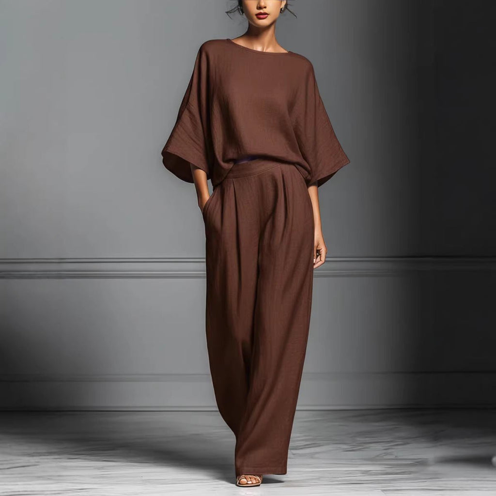Women’s linen suit two-piece set with flared sleeves, casualwear by FitiqueFit, shown in a relaxed fit with breathable fabric.