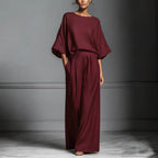Women’s flared-sleeve linen suit two-piece set by FitiqueFit, casualwear with a relaxed fit and stylish design.