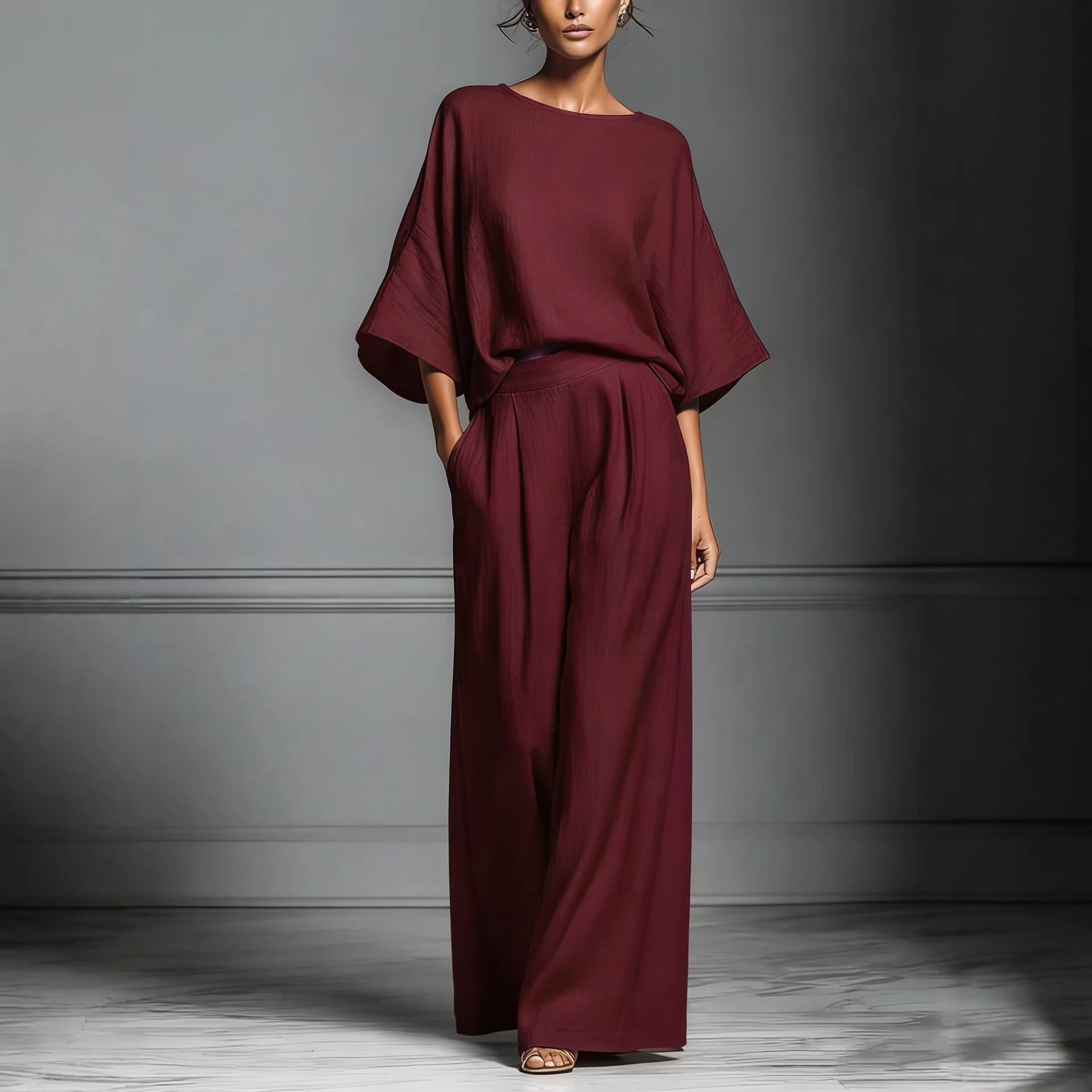 Women’s flared-sleeve linen suit two-piece set by FitiqueFit, casualwear with a relaxed fit and stylish design.
