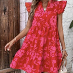 Women’s floral A-line vacation dress by FitiqueFit, casualwear with a flowy, colorful floral pattern and lightweight fabric.