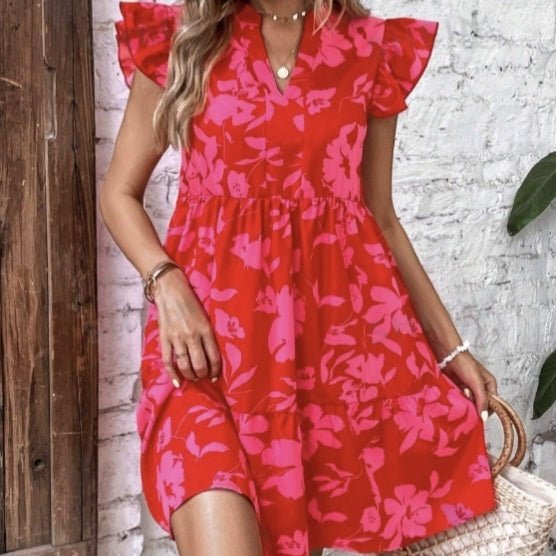 Women’s floral A-line vacation dress by FitiqueFit, featuring a casual fit with a vibrant floral pattern and flowing silhouette.