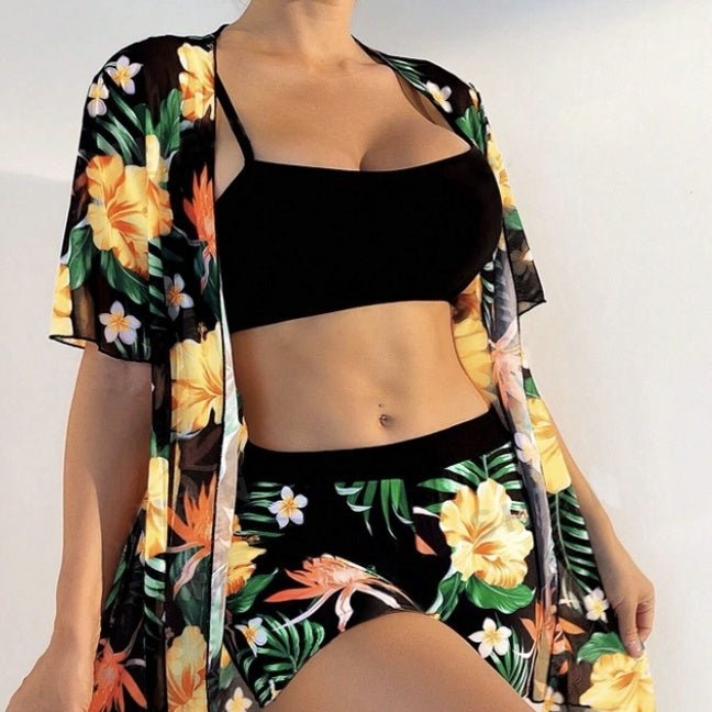 Women’s floral two-piece beach set by FitiqueFit, featuring a lightweight crop top and flowy skirt for summer casualwear.