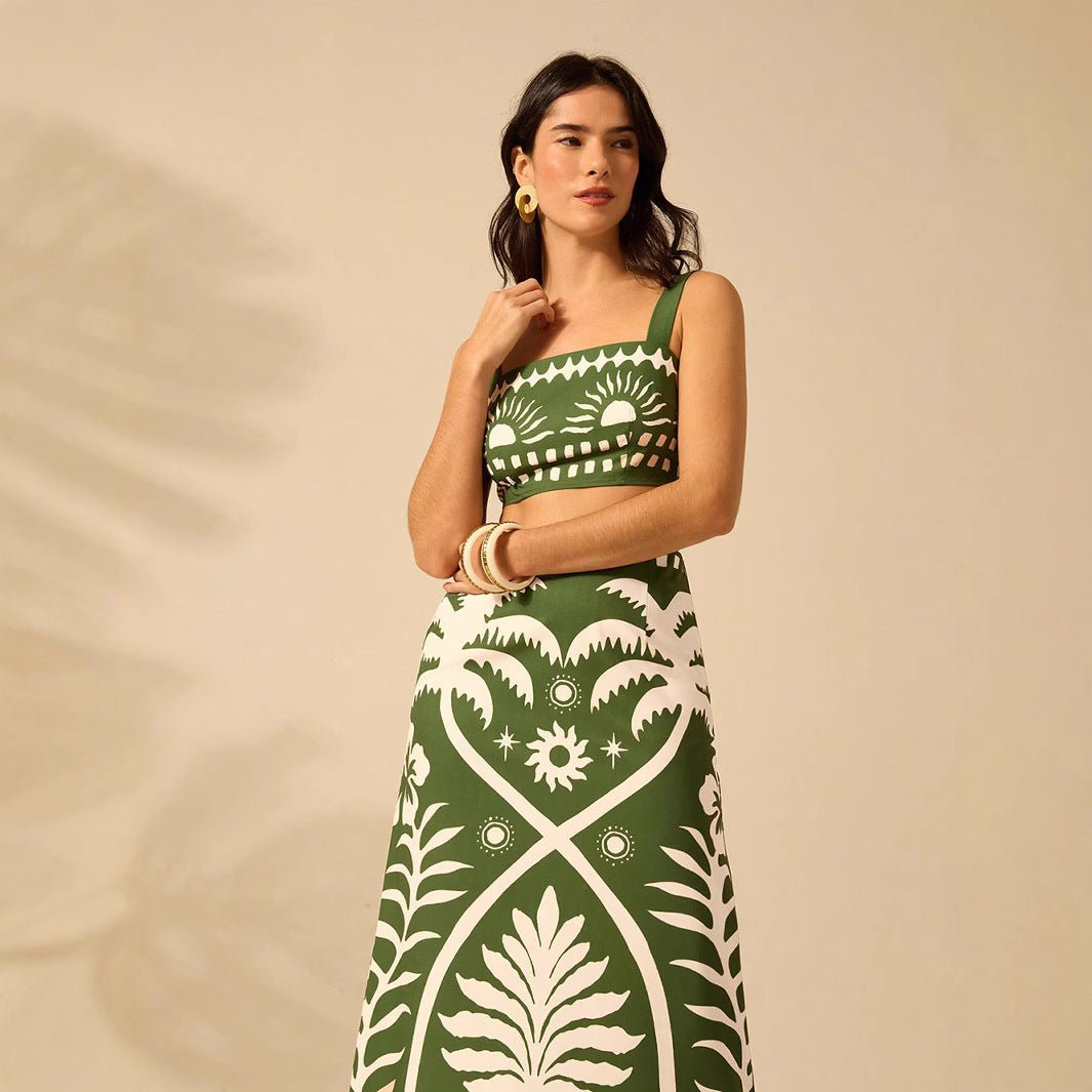 Women's floral printed camisole and high-waisted midi skirt set in casualwear, styled for a comfortable, chic look.