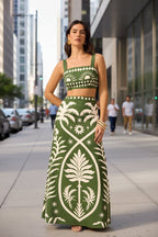 Women's floral printed camisole and high-waisted midi skirt set by FitiqueFit, casualwear, shown on a model.