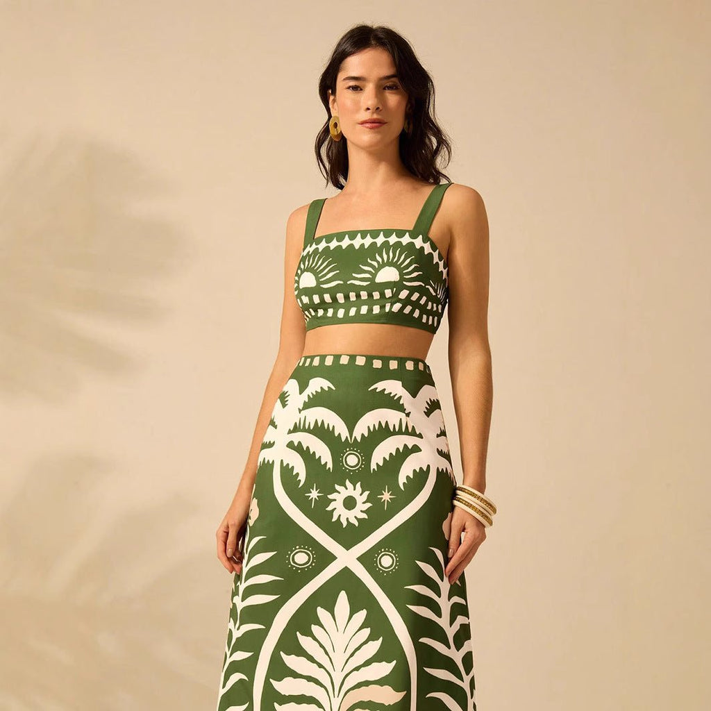 Women's floral printed camisole and high-waisted midi skirt set by FitiqueFit, shown together in casualwear style.
