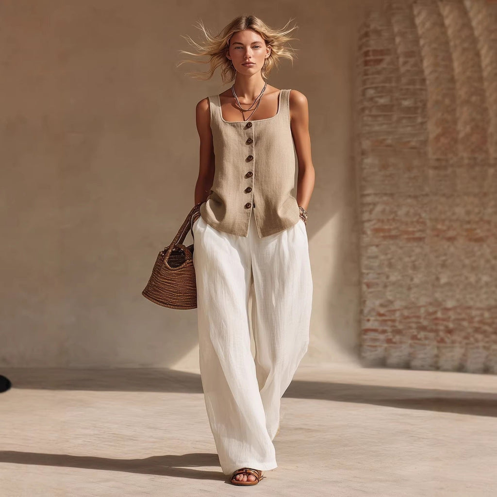 Women's sleeveless cardigan, front-button top, and long pants set by FitiqueFit, casualwear outfit with relaxed style.