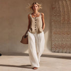 Women's sleeveless cardigan, front-button top, and long pants set by FitiqueFit, casualwear outfit with relaxed style.