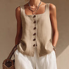 Women's sleeveless cardigan and long pants set by FitiqueFit, casualwear with front buttons, perfect for relaxed everyday style.