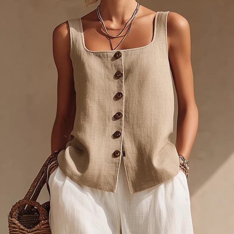 Women's sleeveless cardigan and long pants set by FitiqueFit, casualwear with front buttons, perfect for relaxed everyday style.