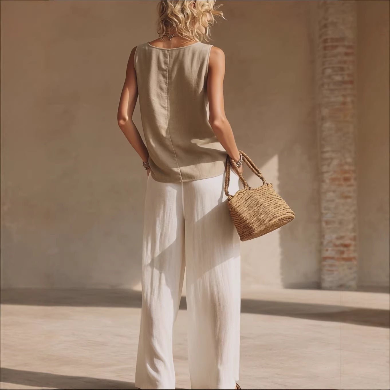 Women's sleeveless front-button cardigan, top, and long pants casualwear set by FitiqueFit, styled for relaxed, comfortable fashion.
