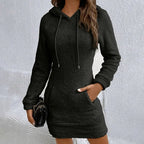 Women's fuzzy hoodie dress by FitiqueFit, casualwear with a cozy, plush texture and hood, ideal for relaxed, stylish comfort.