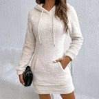 Women’s fuzzy hoodie dress by FitiqueFit, casualwear with a cozy, plush texture and relaxed fit, perfect for comfortable everyday wear.