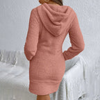 Women’s fuzzy hoodie dress by FitiqueFit, casualwear with a cozy, plush fabric, featuring a hood and relaxed fit for comfortable style.
