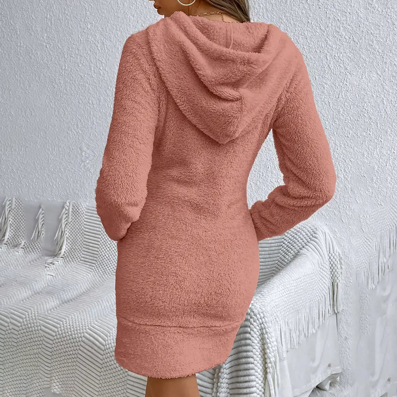 Women’s fuzzy hoodie dress by FitiqueFit, casualwear with a cozy, plush fabric, featuring a hood and relaxed fit for comfortable style.