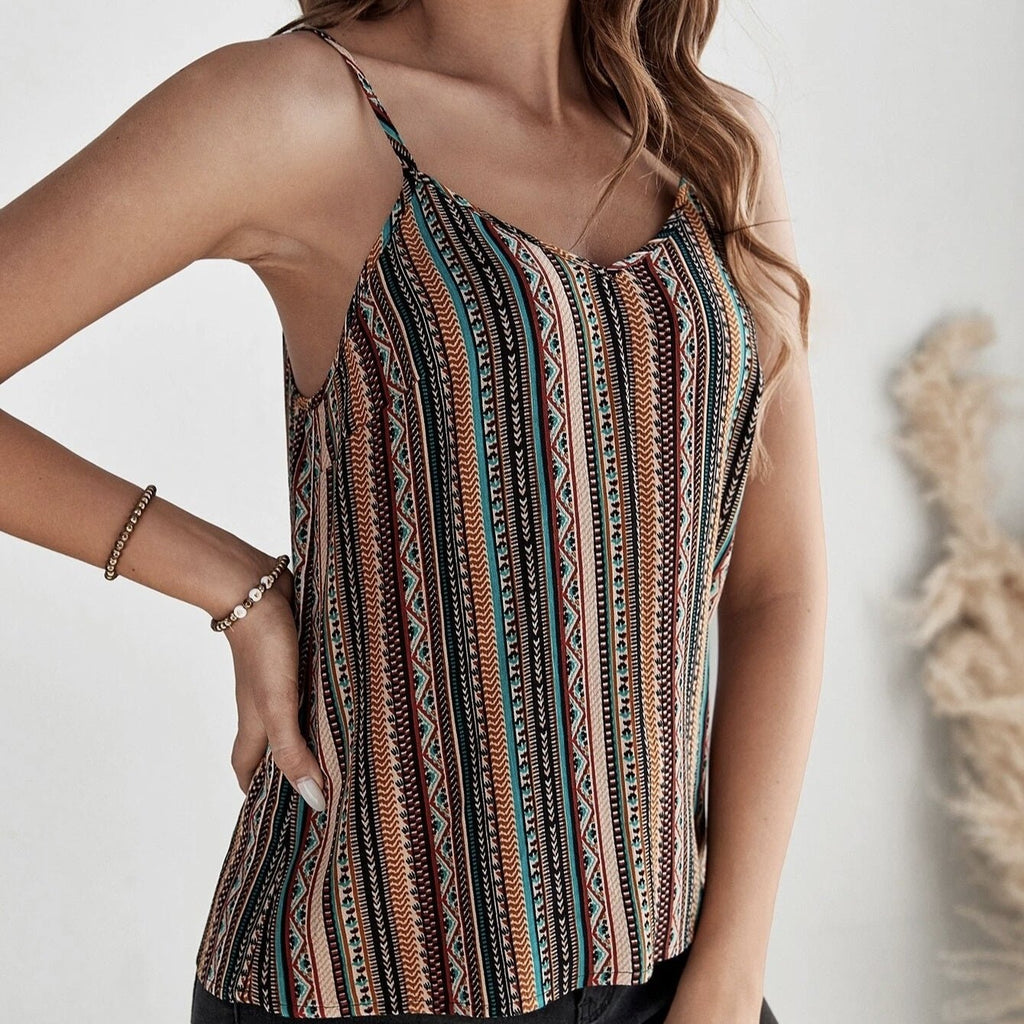 Women’s geographical print retro camisole top by FitiqueFit, casualwear, featuring a colorful map-inspired pattern and sleeveless design.