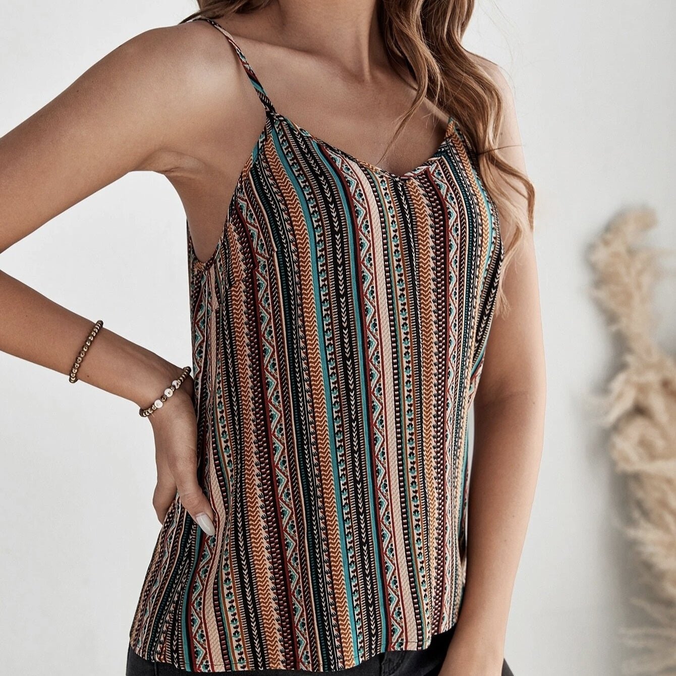 Women’s geographical print retro camisole top by FitiqueFit, casualwear, featuring a colorful map-inspired pattern and sleeveless design.