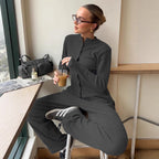 Women's ribbed knit cardigan and button-front trousers set by FitiqueFit, featuring a half-high-neck casualwear outfit.