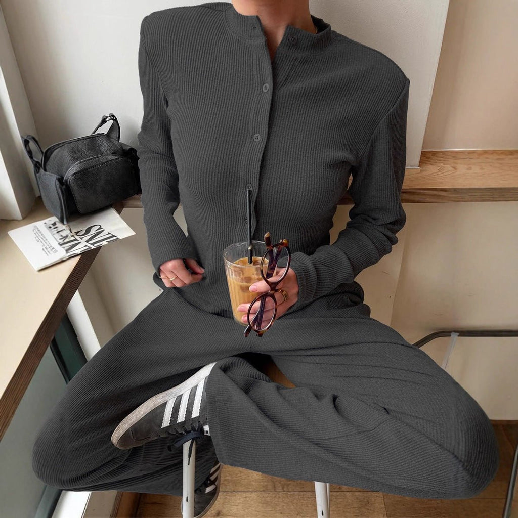 Women's casual knit cardigan and button-front trousers set by FitiqueFit, featuring a half-high-neck ribbed top and matching pants.