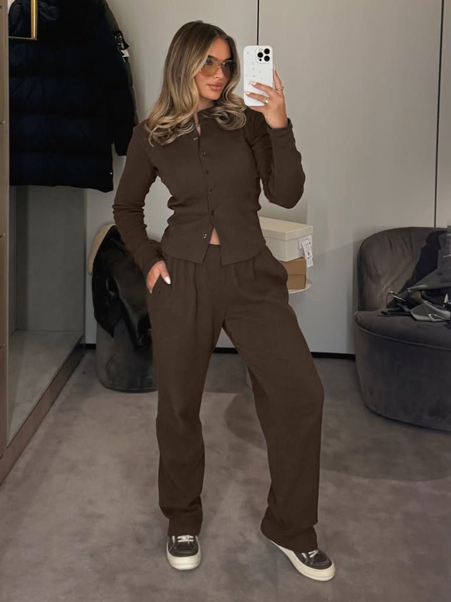 Women's ribbed knit cardigan and button-front trousers set by FitiqueFit, featuring a half-high-neck design and casual style.