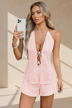 Women's halterneck vest and shorts resort two-piece set from FitiqueFit, casualwear with a stylish, relaxed fit.