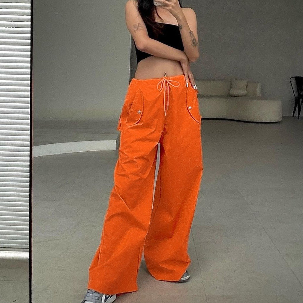 Women's high-waist lace-up straight-leg cargo pants by FitiqueFit, loose fit casualwear with functional pockets and relaxed style.