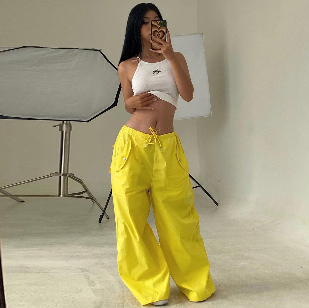 Women's high-waist lace-up straight-leg cargo pants by FitiqueFit, featuring a loose fit and casual style.