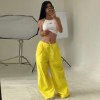 Women's high-waist lace-up straight-leg cargo pants by FitiqueFit, featuring a loose fit and casual style.