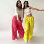Women’s high-waist lace-up straight-leg cargo pants by FitiqueFit, loose fit casualwear with functional pockets and relaxed style.