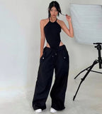 Women's high-waist lace-up straight-leg cargo pants in loose fit, casualwear by FitiqueFit, shown on a model.