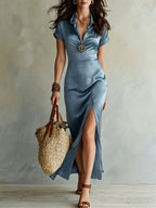 Women's high-waist slim-fit slit maxi dress by FitiqueFit, showcasing a casual elegant look with flowing fabric and side slit.