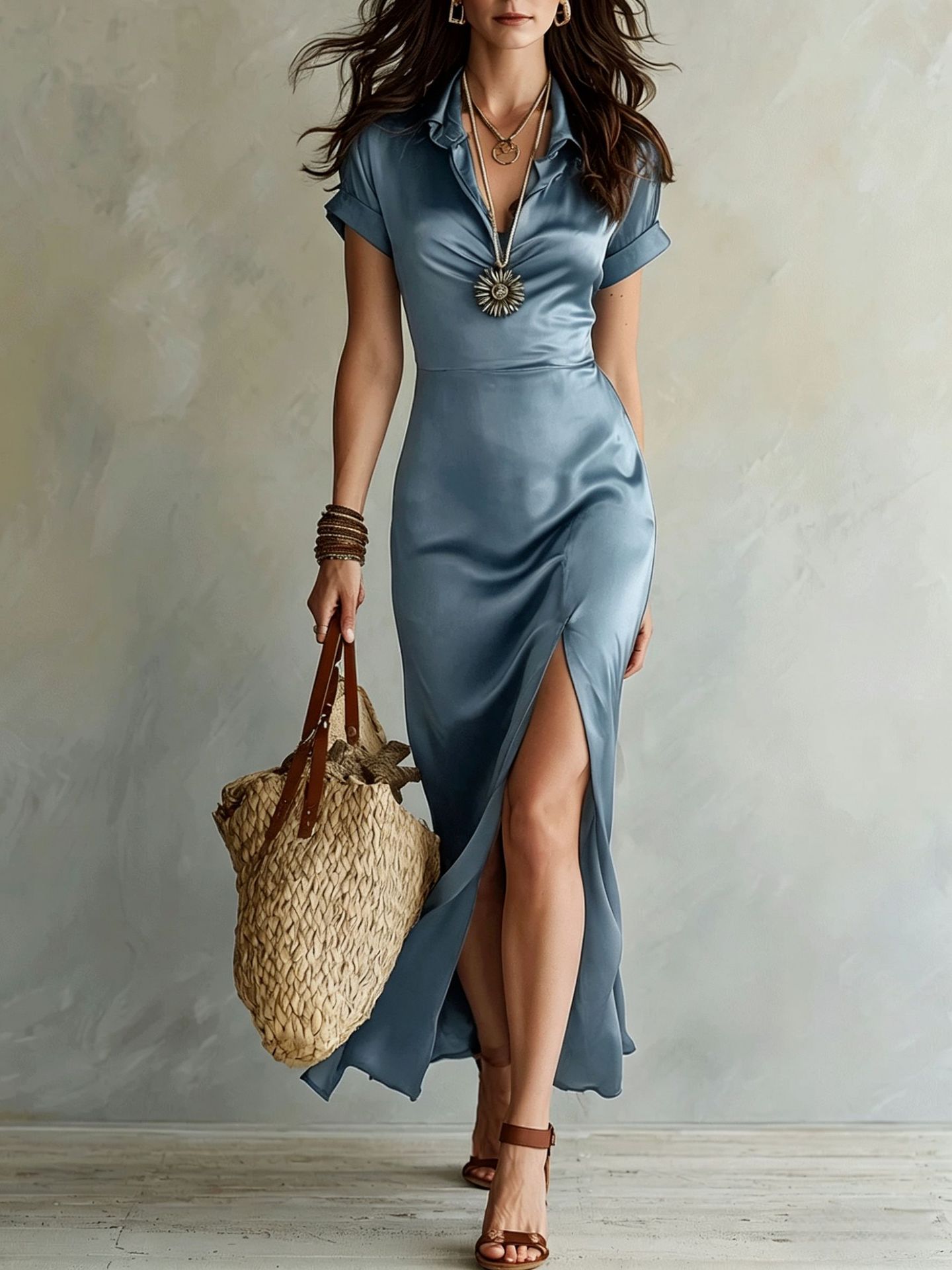 Women's high-waist slim-fit slit maxi dress by FitiqueFit, showcasing a casual elegant look with flowing fabric and side slit.