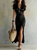 Women's high-waist slim-fit slit maxi dress by FitiqueFit, casualwear style, shown in a flowing fabric with a side slit.