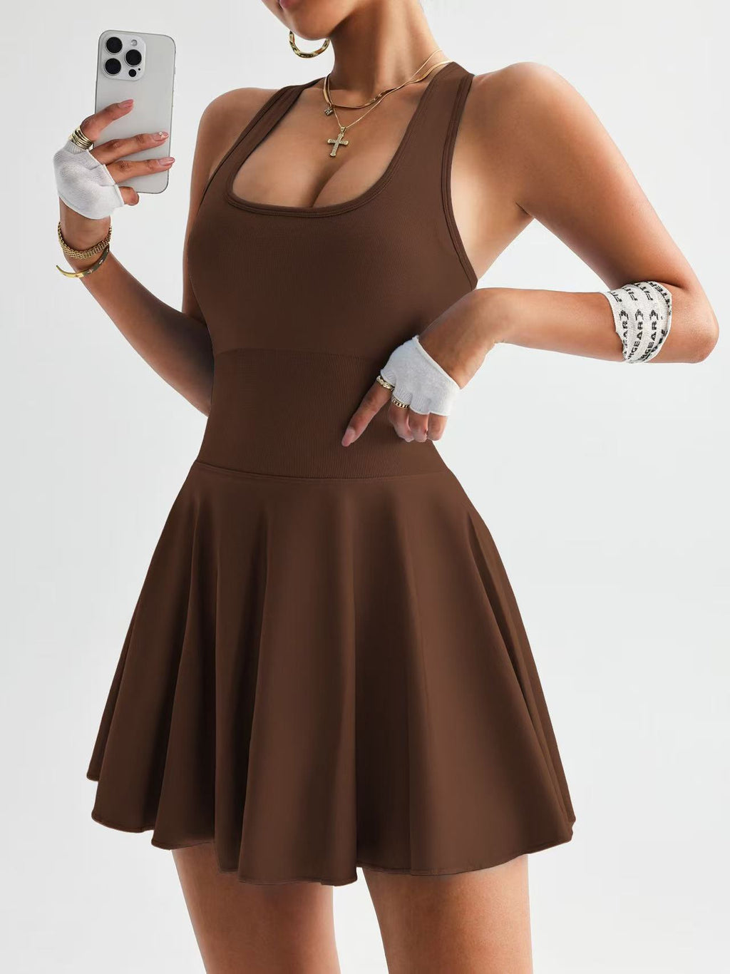 Women’s high waist yoga dress by FitiqueFit, casualwear with a fitted high waist and comfortable fabric, suitable for active or casual wear.
