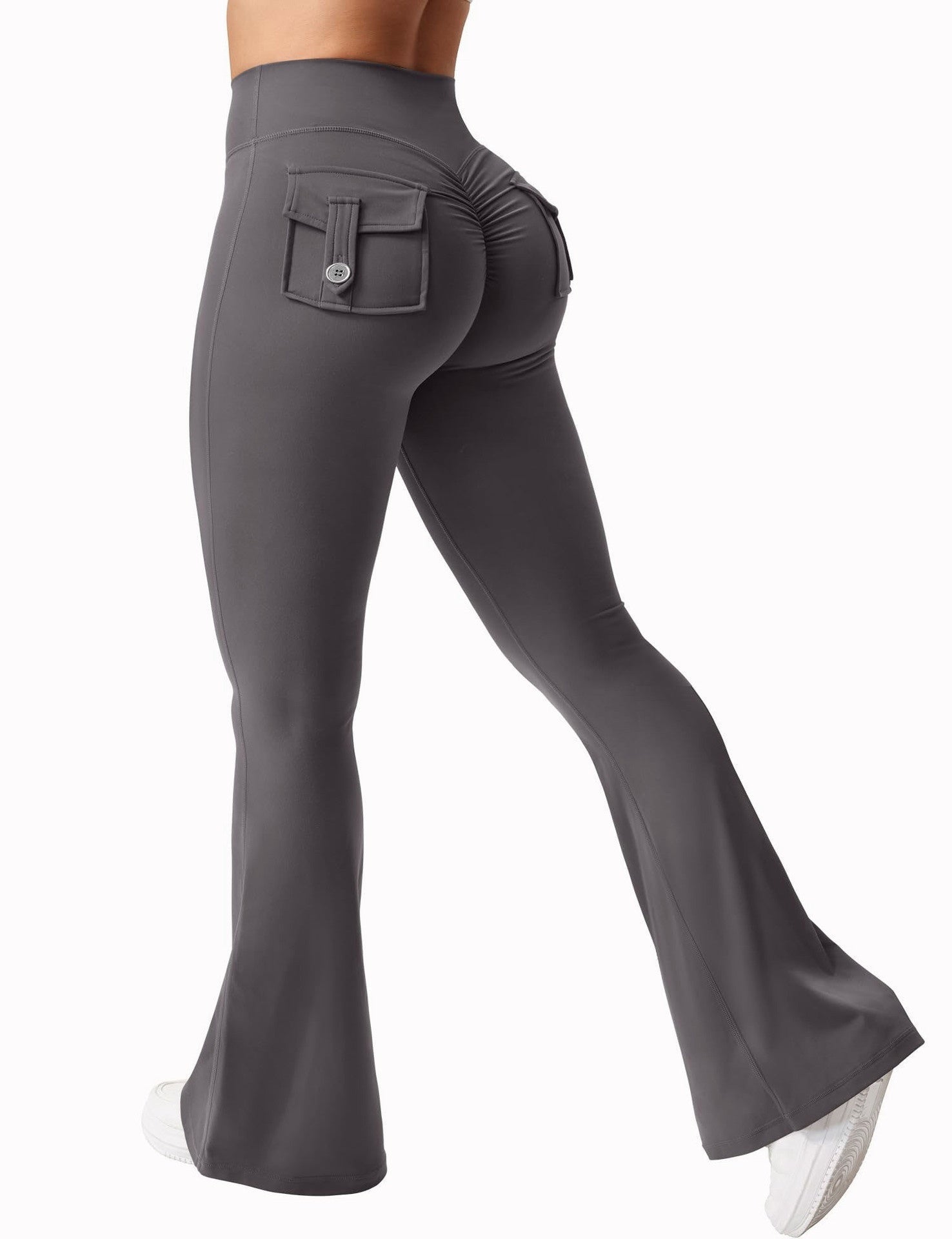 Black women's high-waisted cargo pocket workout leggings by FitiqueFit, featuring a snug fit and functional cargo pockets.