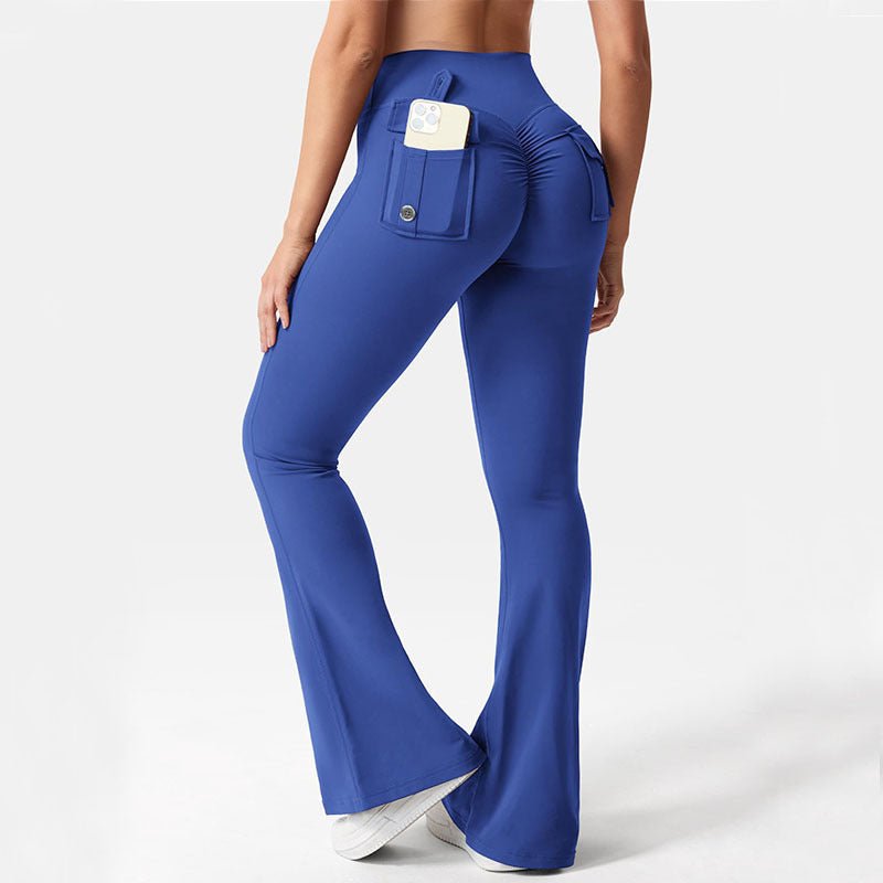 Women’s high-waisted cargo pocket workout leggings in black by FitiqueFit, featuring a comfortable fit and functional pockets for casual wear.