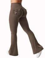 Black women's high-waisted cargo pocket workout leggings by FitiqueFit, designed for casual wear and active lifestyles.