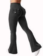 Black women's high-waisted cargo pocket workout leggings by FitiqueFit, featuring a comfortable fit and functional pockets for casual wear.