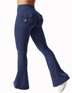 Black women's high-waisted cargo pocket workout leggings by FitiqueFit, featuring a snug fit and practical side pockets for activewear.